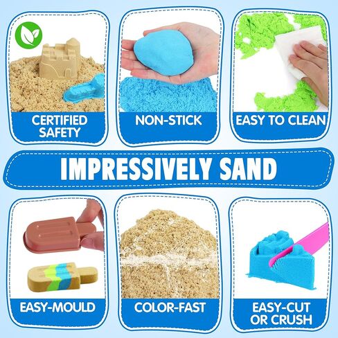 Billeeit 4.4 lbs Play Sand w/Storage Sand Box, 4-Pack(2 Yellow, 1 Blue, 1 Green) Sensory Bin Refill Sand for Shaping, Molding, Pressing, Scooping, Rolling, Self-Sticking Sand Sensory Toy for Kids 3+ in Saudi Arabia