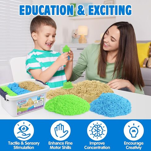 Billeeit 4.4 lbs Play Sand w/Storage Sand Box, 4-Pack(2 Yellow, 1 Blue, 1 Green) Sensory Bin Refill Sand for Shaping, Molding, Pressing, Scooping, Rolling, Self-Sticking Sand Sensory Toy for Kids 3+ in Saudi Arabia
