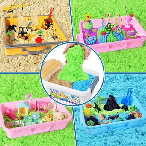 Billeeit 4.4 lbs Play Sand w/Storage Sand Box, 4-Pack(2 Yellow, 1 Blue, 1 Green) Sensory Bin Refill Sand for Shaping, Molding, Pressing, Scooping, Rolling, Self-Sticking Sand Sensory Toy for Kids 3+ in Saudi Arabia