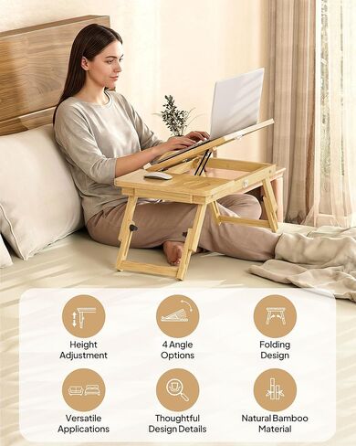 مكتب لاب توب من الخيزران، مكتب سرير قابل للتعديل مع 4 خيارات زاوية وتصميم قابل للطي، حامل كمبيوتر محمول للسرير والكتابة والعمل المكتبي والرسم والأريكة والسفر in Kuwait