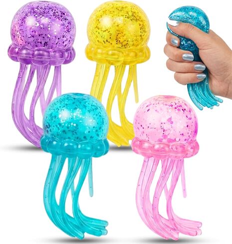 Glitter Jellyfish Squishy 4 pcs - Yellow Pink Purple Blue Dumpling Jellyfish - 2026 Upgraded Dumplings Squishes for Adults Teens Squeeze Easter Basket Stuffers in Saudi Arabia