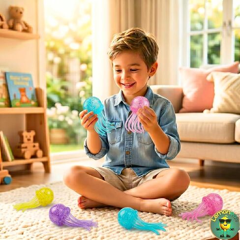 Glitter Jellyfish Squishy 4 pcs - Yellow Pink Purple Blue Dumpling Jellyfish - 2026 Upgraded Dumplings Squishes for Adults Teens Squeeze Easter Basket Stuffers in Saudi Arabia