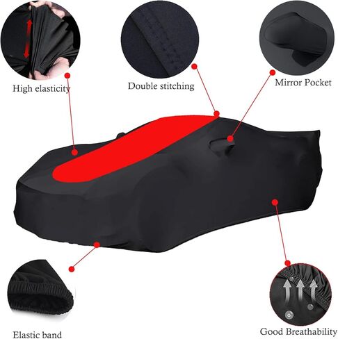 Indoor Car Cover Custom Fit for Porsche 911/Boxster/718/Cayman, Stretch Satin Anti-Wrinkle No Faded UV Resistant Dust-Proof Protection with Storage Bag（Black & Red） in Saudi Arabia