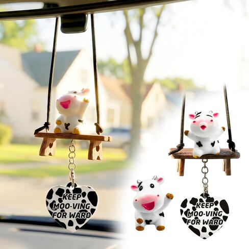 Swinging Cow Car Accessories Kit – Cute Cow Print Rearview Mirror Hanging Ornament,Swing with 2 Resin Cow Dashboard Decor & Heart, Funny Interior Decoration Gifts for Women Cow Lovers in Saudi Arabia