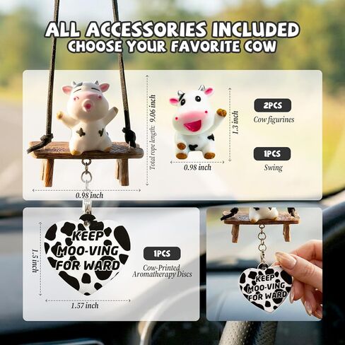 Swinging Cow Car Accessories Kit – Cute Cow Print Rearview Mirror Hanging Ornament,Swing with 2 Resin Cow Dashboard Decor & Heart, Funny Interior Decoration Gifts for Women Cow Lovers in Saudi Arabia