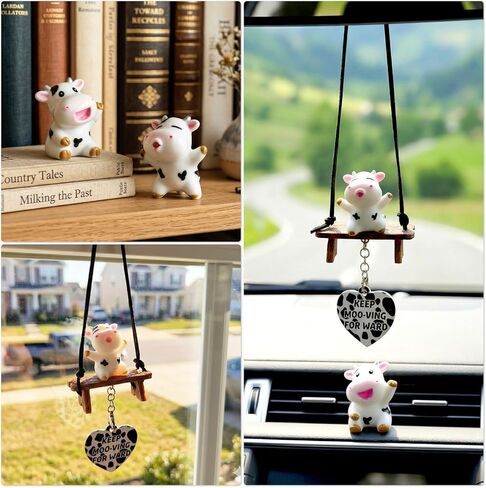 Swinging Cow Car Accessories Kit – Cute Cow Print Rearview Mirror Hanging Ornament,Swing with 2 Resin Cow Dashboard Decor & Heart, Funny Interior Decoration Gifts for Women Cow Lovers in Saudi Arabia