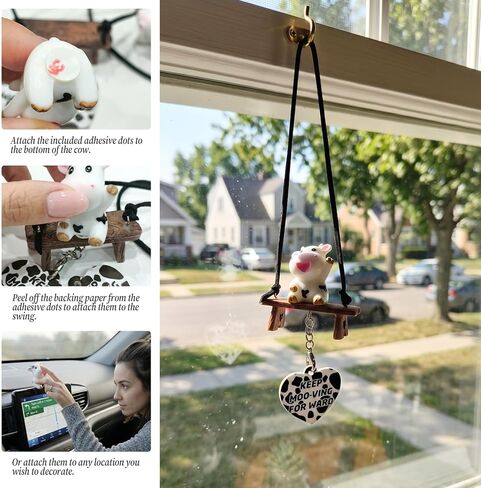 Swinging Cow Car Accessories Kit – Cute Cow Print Rearview Mirror Hanging Ornament,Swing with 2 Resin Cow Dashboard Decor & Heart, Funny Interior Decoration Gifts for Women Cow Lovers in Saudi Arabia