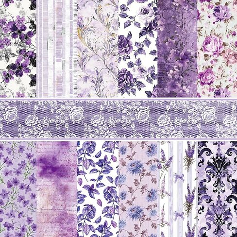 Konsait 24 Sheets Purple Flower Scrapbook Paper 11.8x11.8, Double Sided Purple Rose Lavender Patterned Paper Decorative Floral Cardstock Origami Papers for Card Making Romantic Scrapbook Supplies in Kuwait