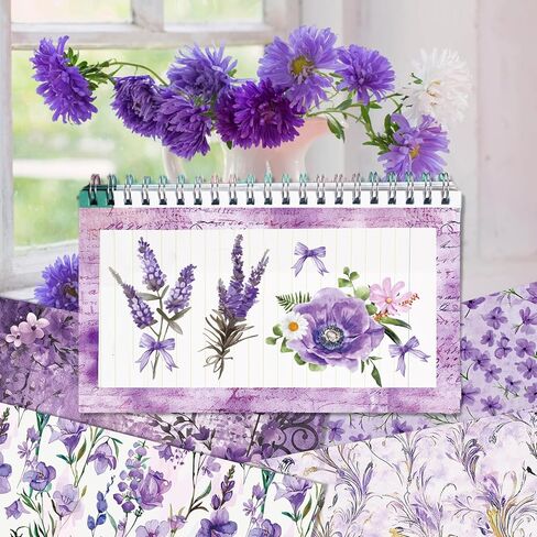 Konsait 24 Sheets Purple Flower Scrapbook Paper 11.8x11.8, Double Sided Purple Rose Lavender Patterned Paper Decorative Floral Cardstock Origami Papers for Card Making Romantic Scrapbook Supplies in Kuwait
