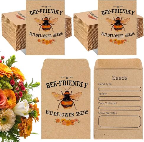 AnyDesign 100 Pcs Spring Bee Seed Packets Self-Adhesive Seed Envelope Cute Wildflower Kraft Seeds Storage Pockets for Garden Wedding Baby Shower Party Favors, 3.5 x 2.4 Inch in Kuwait