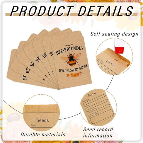 AnyDesign 100 Pcs Spring Bee Seed Packets Self-Adhesive Seed Envelope Cute Wildflower Kraft Seeds Storage Pockets for Garden Wedding Baby Shower Party Favors, 3.5 x 2.4 Inch in Kuwait