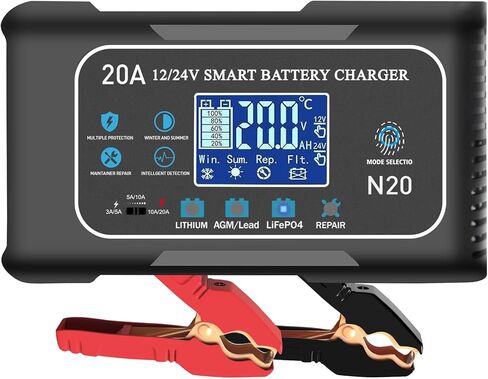 Battery Charger 0-20A 12V and 24V Lithium, LiFePo4, Lead Acid (AGM/Gel/SLA), Smart Car Battery Charger and Maintainer, Trickle Charger with Pulse Repair for Car, Boat, Marine, deep Cycle in Saudi Arabia