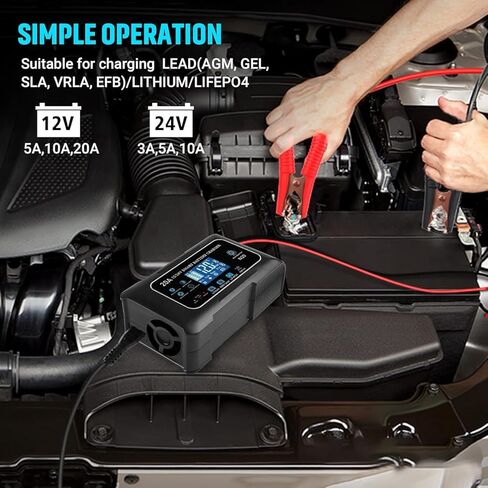 Battery Charger 0-20A 12V and 24V Lithium, LiFePo4, Lead Acid (AGM/Gel/SLA), Smart Car Battery Charger and Maintainer, Trickle Charger with Pulse Repair for Car, Boat, Marine, deep Cycle in Saudi Arabia
