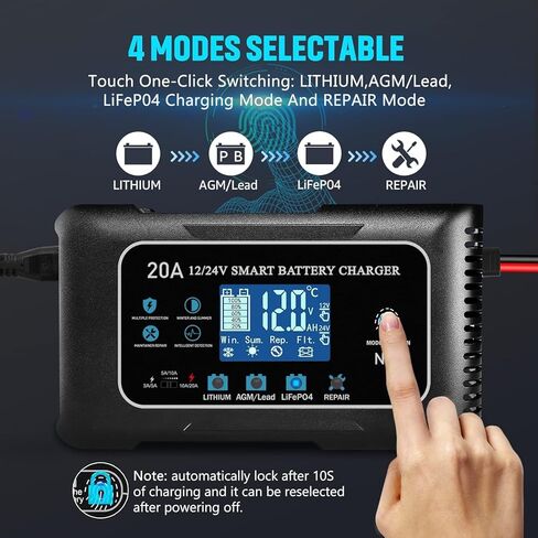 Battery Charger 0-20A 12V and 24V Lithium, LiFePo4, Lead Acid (AGM/Gel/SLA), Smart Car Battery Charger and Maintainer, Trickle Charger with Pulse Repair for Car, Boat, Marine, deep Cycle in Saudi Arabia