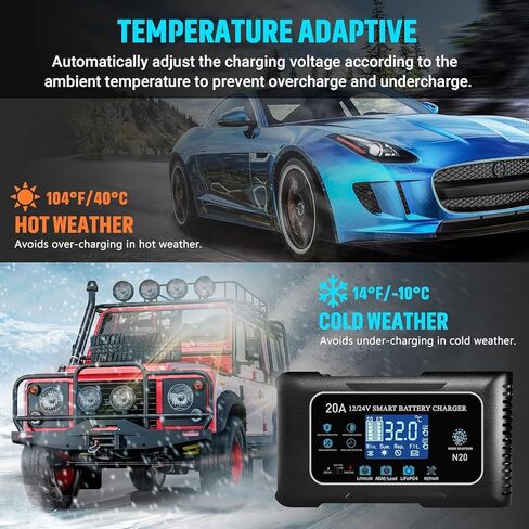 Battery Charger 0-20A 12V and 24V Lithium, LiFePo4, Lead Acid (AGM/Gel/SLA), Smart Car Battery Charger and Maintainer, Trickle Charger with Pulse Repair for Car, Boat, Marine, deep Cycle in Saudi Arabia