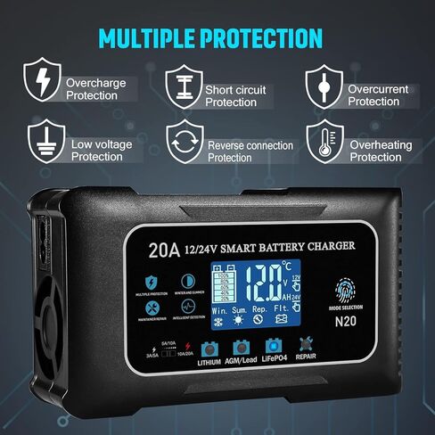 Battery Charger 0-20A 12V and 24V Lithium, LiFePo4, Lead Acid (AGM/Gel/SLA), Smart Car Battery Charger and Maintainer, Trickle Charger with Pulse Repair for Car, Boat, Marine, deep Cycle in Saudi Arabia