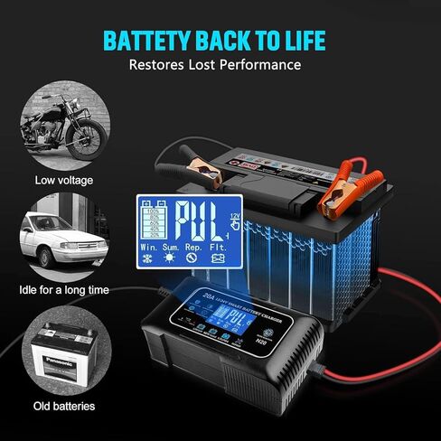 Battery Charger 0-20A 12V and 24V Lithium, LiFePo4, Lead Acid (AGM/Gel/SLA), Smart Car Battery Charger and Maintainer, Trickle Charger with Pulse Repair for Car, Boat, Marine, deep Cycle in Saudi Arabia