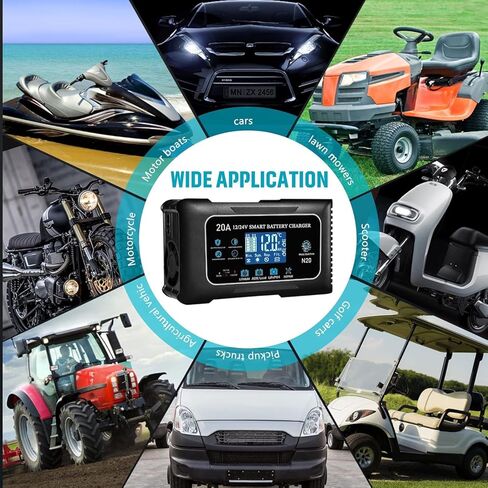 Battery Charger 0-20A 12V and 24V Lithium, LiFePo4, Lead Acid (AGM/Gel/SLA), Smart Car Battery Charger and Maintainer, Trickle Charger with Pulse Repair for Car, Boat, Marine, deep Cycle in Saudi Arabia
