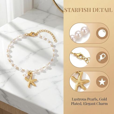 Steering Wheel Charm Car Accessory Starfish Pearl Pendant Hanging for Women Beachy Car Charms Gold Chain Rearview Mirror Decor Accessories in Saudi Arabia