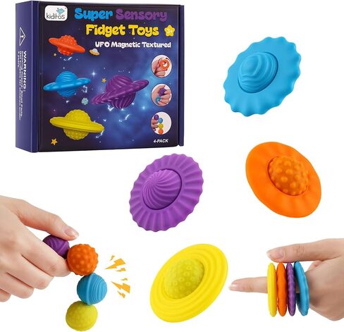 Kiditos UFO Magnetix Magnetic Fidget Toys, 4 Pack Sensory Toy Set with 8 Unique Surface Textures, Stress Relief Desk Toys for Kids & Adults, Travel-Friendly for Calm & Focus in Saudi Arabia