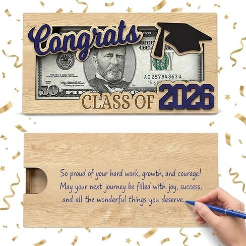 Graduation Money Holder, Wooden Cash Gift Display with Interchangeable Year Signs 2026 & 2027, Congrats Grad Keepsake for High School & College Graduation, Gift for Him or Her (Blue) in Kuwait