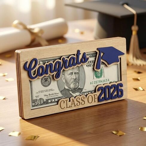 Graduation Money Holder, Wooden Cash Gift Display with Interchangeable Year Signs 2026 & 2027, Congrats Grad Keepsake for High School & College Graduation, Gift for Him or Her (Blue) in Kuwait