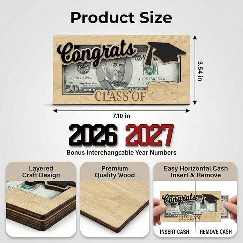 Graduation Money Holder, Wooden Cash Gift Display with Interchangeable Year Signs 2026 & 2027, Congrats Grad Keepsake for High School & College Graduation, Gift for Him or Her (Blue) in Kuwait
