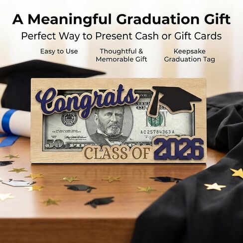 Graduation Money Holder, Wooden Cash Gift Display with Interchangeable Year Signs 2026 & 2027, Congrats Grad Keepsake for High School & College Graduation, Gift for Him or Her (Blue) in Kuwait