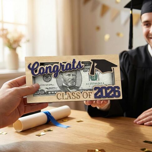 Graduation Money Holder, Wooden Cash Gift Display with Interchangeable Year Signs 2026 & 2027, Congrats Grad Keepsake for High School & College Graduation, Gift for Him or Her (Blue) in Kuwait