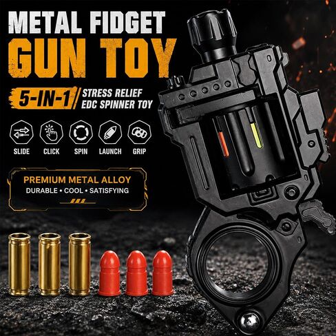 Metal Fidget Gun Toys for Adults: Stress Relief EDC Spinner Toy, Cool Revolver Fidget Toy with Ring & Slider for Finger, Mini Decompression Gadgets for Adult Men in Saudi Arabia