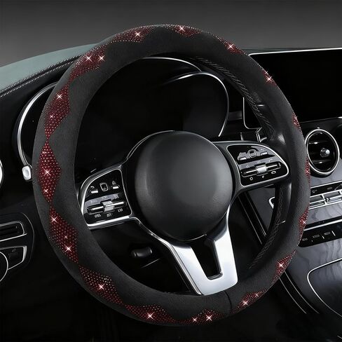Bling Steering Wheel Cover for Women - Sparkly Crystal Rhinestones on Soft Plush with Checkered Design, Anti-Slip, Universal 15 Inch Car Wheel Protector, Cute Diamond Auto Accessories in Saudi Arabia