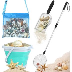 FETHWOIN Shark Tooth Sifter, Beach Sand Sifter, Sea Shell Scooper for Beach, Shell Bags&Foldable Bucket, Sand Beach Toys for Kids 6 8 10 12 in Saudi Arabia