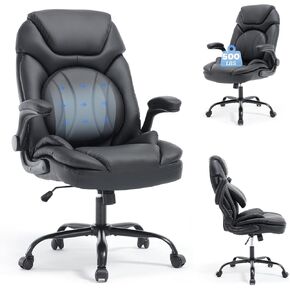 Ergonomic Executive Office Chair with Flip up Arms, Wide Seat Big and Tall Office Desk Chairs with Back Lumbar Support for Back Pain, Black Leather in Saudi Arabia