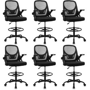 KLASIKA Tall Drafting Chair for Standing Desk, Extended Height Ergonomic Office Chairs with Flip-up Armrests and Lumbar Support, Mesh Back Computer High Chair with Adjustable Footrest Ring, Black in Saudi Arabia