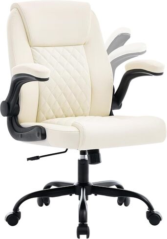 Leather Office Chair, 300lbs Heavy Duty Mid-Back Desk Chairs with Flip-up Armrests, Space-Saving Swivel Task Chair with Wheels, Adjustable Height and Ergonomic Back Support, Beige in Saudi Arabia