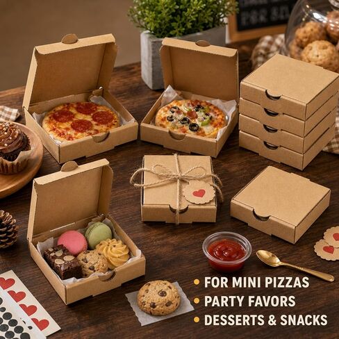 RHBLME 50 PACK Mini Pizza Boxes, 3.5 x 3.5 x 0.8 Inch Small Pizza Boxes Lock Corner Clay Coated Thin Pizza Box, Reusable Pizza Box for Mini Pizza Cookies Cake Party Favors Weddings in Saudi Arabia