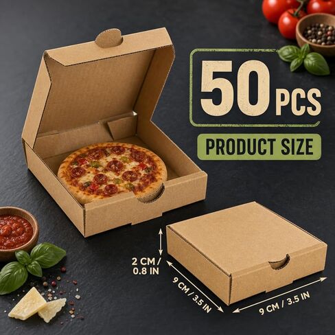 RHBLME 50 PACK Mini Pizza Boxes, 3.5 x 3.5 x 0.8 Inch Small Pizza Boxes Lock Corner Clay Coated Thin Pizza Box, Reusable Pizza Box for Mini Pizza Cookies Cake Party Favors Weddings in Saudi Arabia