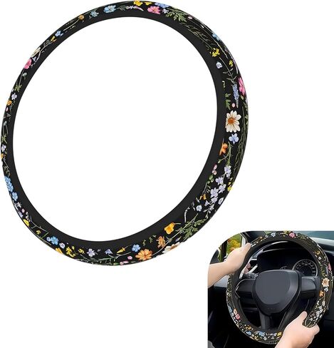 Car Steering Wheel Cover, Cute Wildflower Steering Wheel Protector, Universal 15In Car Interior Accessories for Women (Multicolored) in Kuwait