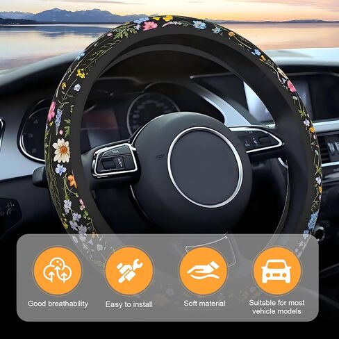 Car Steering Wheel Cover, Cute Wildflower Steering Wheel Protector, Universal 15In Car Interior Accessories for Women (Multicolored) in Kuwait