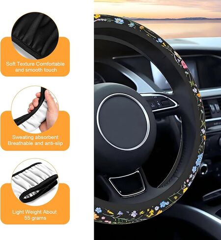 Car Steering Wheel Cover, Cute Wildflower Steering Wheel Protector, Universal 15In Car Interior Accessories for Women (Multicolored) in Kuwait