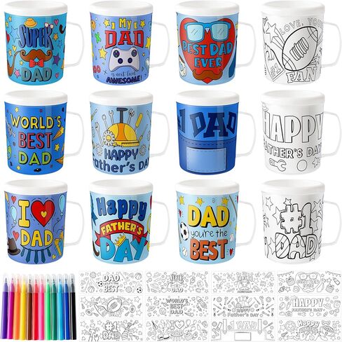 Father's Day Color Your Own Mugs for Kids - 12Pcs World Best Dad 8oz Personalized Coffee Mugs with 36Pcs Happy Father’s Day Theme Insert Paper DIY Plastic Cups for Holiday Party School Home Activitie in Kuwait