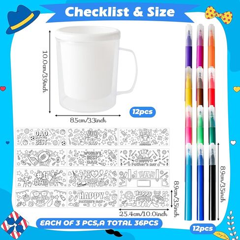 Father's Day Color Your Own Mugs for Kids - 12Pcs World Best Dad 8oz Personalized Coffee Mugs with 36Pcs Happy Father’s Day Theme Insert Paper DIY Plastic Cups for Holiday Party School Home Activitie in Kuwait