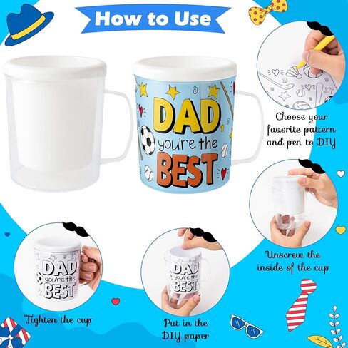 Father's Day Color Your Own Mugs for Kids - 12Pcs World Best Dad 8oz Personalized Coffee Mugs with 36Pcs Happy Father’s Day Theme Insert Paper DIY Plastic Cups for Holiday Party School Home Activitie in Kuwait