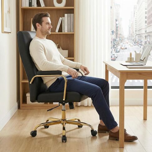 Black and Gold Office Desk Chair,Leather Conference Room Chairs with Wheels,Modern High Back Executive Office Chair with Memory Foam,Ergonomic Swivel Computer Chair for Home Office in Saudi Arabia
