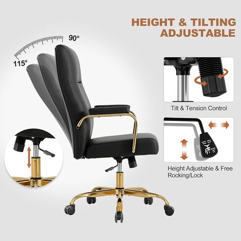 Black and Gold Office Desk Chair,Leather Conference Room Chairs with Wheels,Modern High Back Executive Office Chair with Memory Foam,Ergonomic Swivel Computer Chair for Home Office in Saudi Arabia