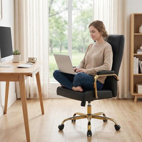 Black and Gold Office Desk Chair,Leather Conference Room Chairs with Wheels,Modern High Back Executive Office Chair with Memory Foam,Ergonomic Swivel Computer Chair for Home Office in Saudi Arabia