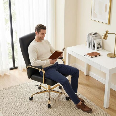 Black and Gold Office Desk Chair,Leather Conference Room Chairs with Wheels,Modern High Back Executive Office Chair with Memory Foam,Ergonomic Swivel Computer Chair for Home Office in Saudi Arabia