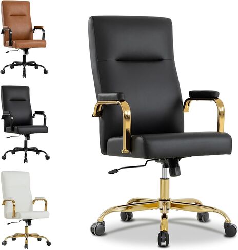 Black and Gold Office Desk Chair,Leather Conference Room Chairs with Wheels,Modern High Back Executive Office Chair with Memory Foam,Ergonomic Swivel Computer Chair for Home Office in Saudi Arabia