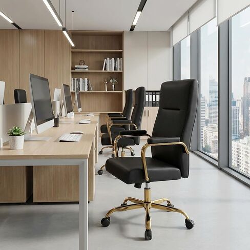 Black and Gold Office Desk Chair,Leather Conference Room Chairs with Wheels,Modern High Back Executive Office Chair with Memory Foam,Ergonomic Swivel Computer Chair for Home Office in Saudi Arabia