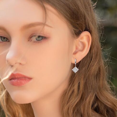 Gold Hoop Earring with Dangle Square - Sterling Silver Hoop Earrings for Women Trendy Hypoallergenic Loop Earrings with Dangling Charm for Sensitive Ears Cubic Zirconia Fashion Earrings Christmas Gift in Saudi Arabia